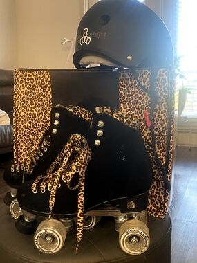 Black Roller Skates with Leopard Accents - Women's Athletic Skates W/ Helmet!